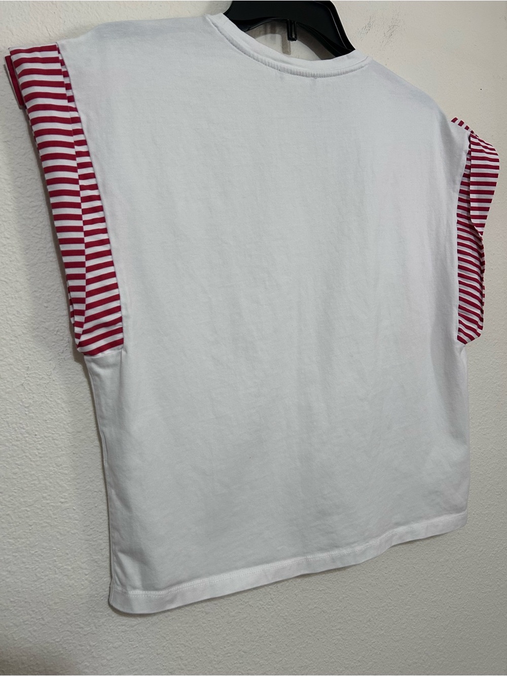 ZARA White Crewneck Tee with Red Striped Cuffed Sleeves Size S - Picture 6 of 8